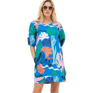 Oliphant Resort Puff Sleeve Crew Neck Mini Dress in Reef Blue Size S NWT